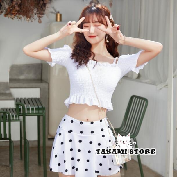 水着 2点セット レディース Tシャツ ハイウエスト セパレート 大人 海水浴 温泉 ビーチスカート パンツ付き オフショルダー フリル