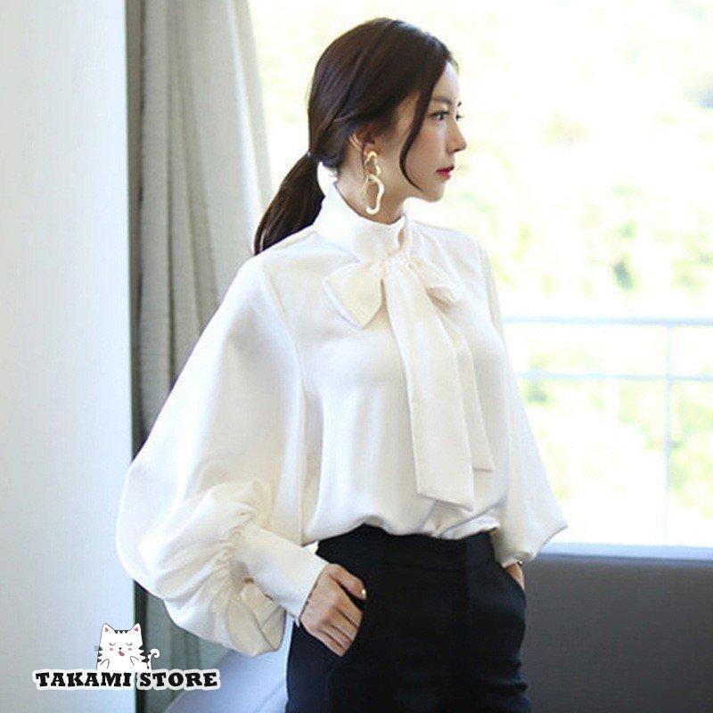 ブラウス レディース オフィス フォーマル 40代 秋 おしゃれ 白 パフスリーブ シフォン 長袖シャツ リボン 韓国風 トップス 通勤 大人 ゆったり 2色