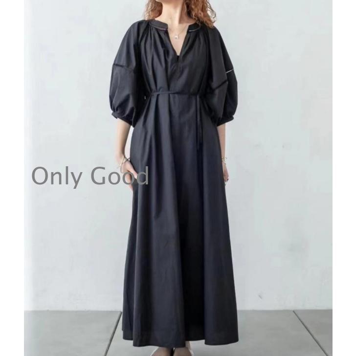 春 ワンピース 夏ワンピース 5分袖 パフスリーブワンピース Aラインワンピース 無地 7分袖 楽チン Vネック 黒ワンピース ロングワンピ コットン 30代40代