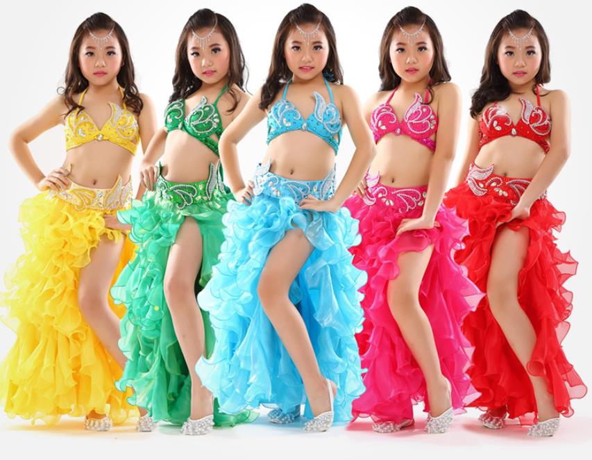 送料無料 6color 子供/社交ダンス ベリーダンス衣装 フリンジ スパンコール クラーデション レディース 上下セット+腰巻き 3点セット 舞台風 演出 子...