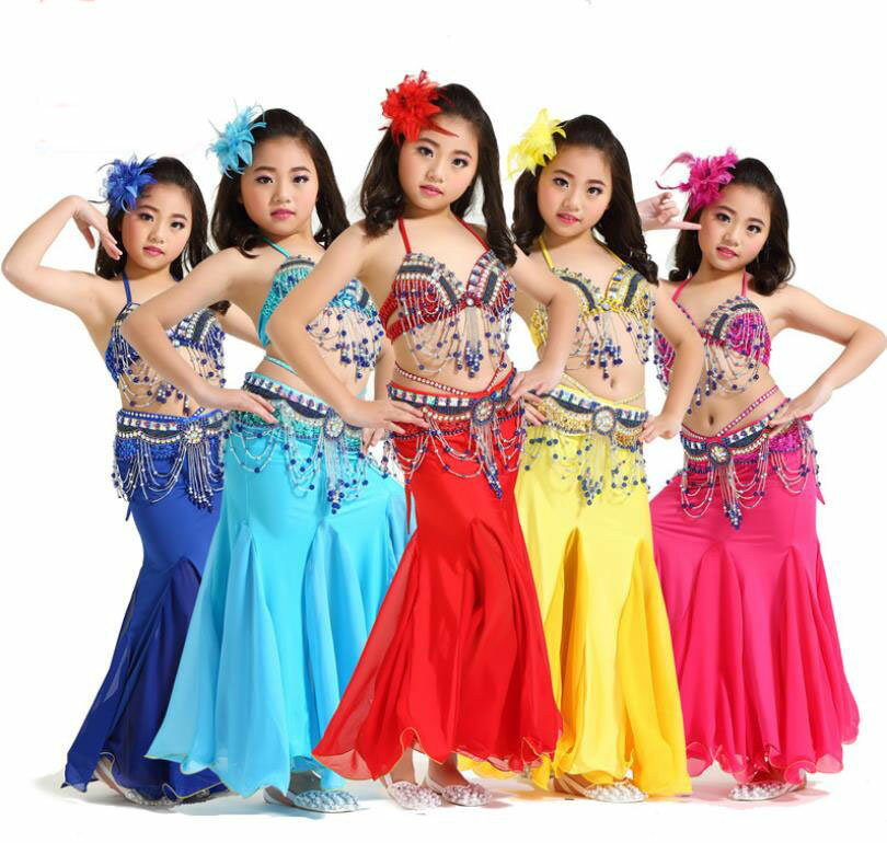 送料無料 6color 子供/社交ダンス ベリーダンス衣装 フリンジ スパンコール クラーデション レディース 上下セット+腰巻き 3点セット 舞台風 演出 子...