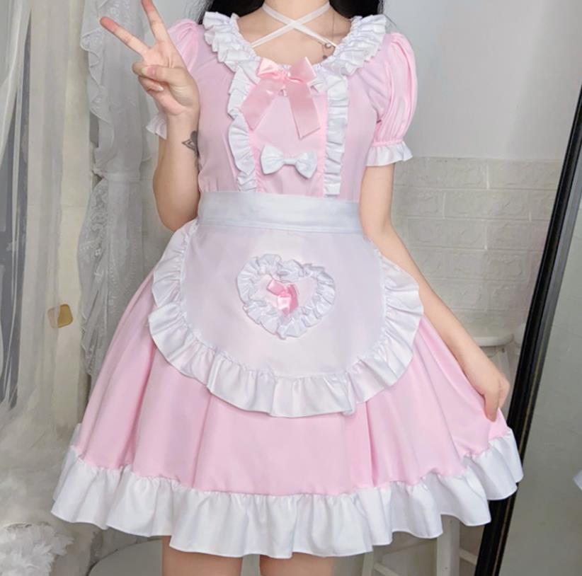 カラーメイド服 /ハロウィン衣装 大きいサイズ メイド服 コスプレ アリス ゴスロリ ロリータ エプロン エプロン おとこの娘 男の娘 女装 コスチューム 仮装 制服 喫茶店服