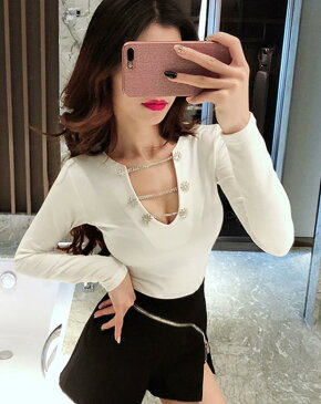胸開き Tシャツ 長袖 タートルネック セーター レディースファッション タートル 胸開きタート セクシー Vネック ベアトップ ベアトップ 韓国風 胸元 解禁シャツ オフショルダー 春秋