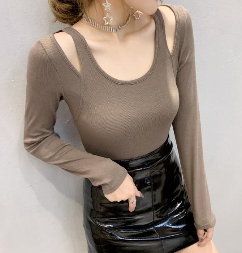 Rakuten - S/M/L/XL/XXL/Tシャツ 長袖 タートルネック セーター レディースファッション タートル 胸開きタート セクシー ベアトップ 韓国風 胸元 解禁シャツ Vネック