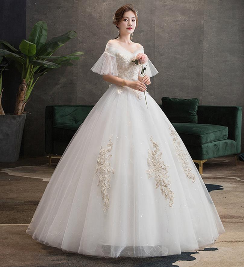 新入荷/ウエディングドレス/花嫁/Aライン/プリンセス/オフショルダー /無地/Vネック/丸首/長袖/バルーンスリーブ/パーティードレス ワンピース 結婚式 安い 写真撮影 パーティー 舞台 コンサート レース 花嫁ドレス 安い/