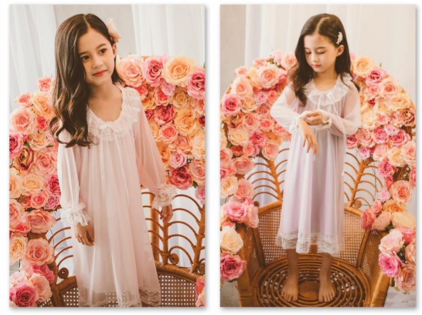 110-160/子供　女の子/ルームウェア ワンピース ネック オフショルダー 寝巻きネグリジェ 姫　宮廷　ロングスカート 膝丈 パジャマ　レース ナイトウェア 大きサイズ　長袖 — vista 2