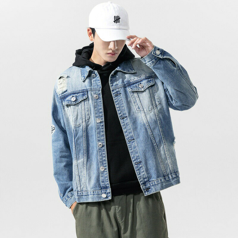 Rakuten - M/L/XL/2XL/3XL/4XL/ 新デザイン/デニム ジャケット メンズ 無地 お兄系 ファッション 欧米風 長袖 コート ユニフォーム トップス メンズウェア ジャケット 春秋 ヒグ　クラッシュ　ダメージ　加工 大きいサイズ ライトジャケット