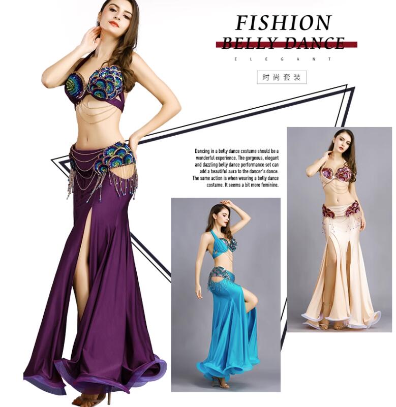 3color 社交ダンス ベリーダンス衣装 フリンジ スパンコール クラーデション レディース 上下セット+腰巻き 3点セット 舞台風 演出
