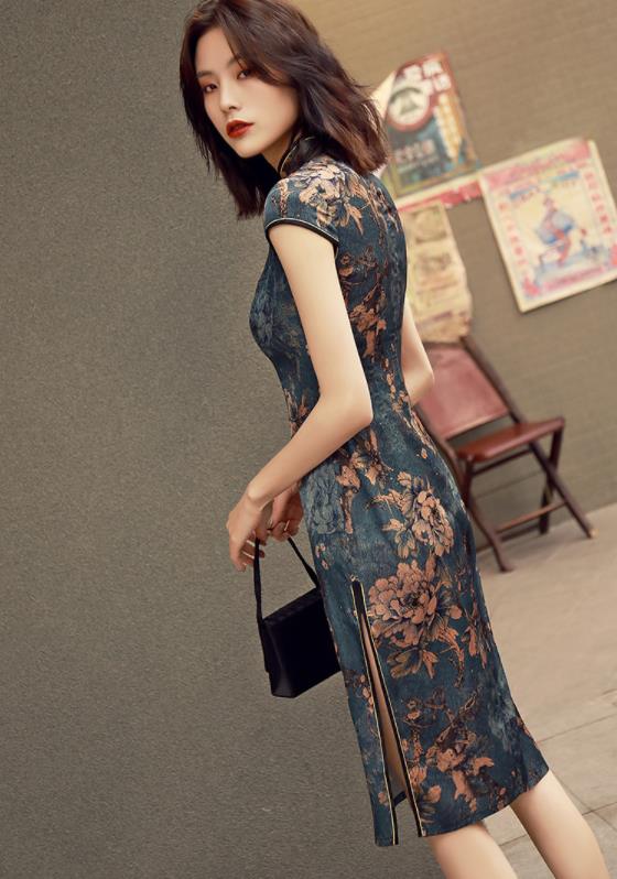 2019 新入荷　パーティードレス ワンピース　結婚 安い　チャイナドレス　チュール　レディース　民族風　ナチュラルエスニック　復古 スタンドカラー ナチュラルエスニック写真撮影　パーティー　花柄 結婚 披露宴 膝丈 ひざ丈 ミディアム ミモレ　マーメイドライン