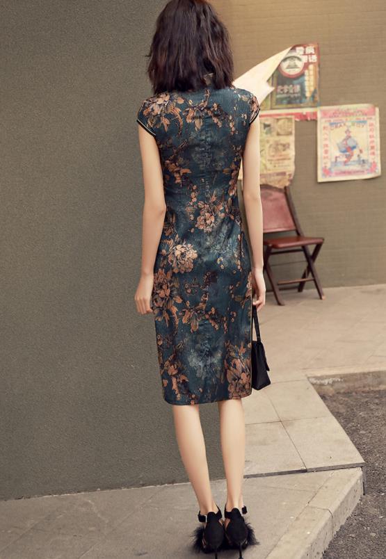 2019 新入荷　パーティードレス ワンピース　結婚 安い　チャイナドレス　チュール　レディース　民族風　ナチュラルエスニック　復古 スタンドカラー ナチュラルエスニック写真撮影　パーティー　花柄 結婚 披露宴 膝丈 ひざ丈 ミディアム ミモレ　マーメイドライン