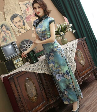 2019 新入荷 パーティードレス ワンピース 結婚式 安い チャイナドレス チュールワンピース レディース 民族風 ナチュラルエスニック 復古 スタンドカラー ナチュラルエスニック写真撮影 パーティー 花柄 結婚 披露宴 大きいサイズ ロング