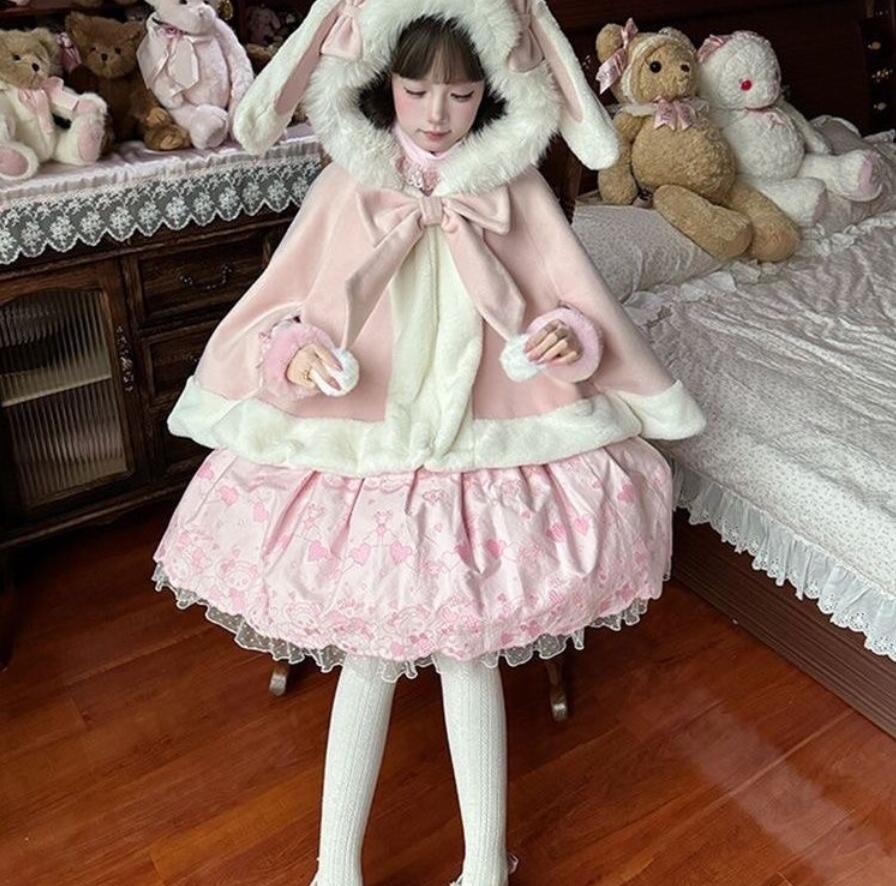 Lolita系　ロリータ ポンチョ コート ケープ コート 無地 大人ケープトップス ホワイト ブラック 萌え レディース ゴスロリ ロリータファッション　変装　トップス　ホワイト　冬用　モフモフ　長耳