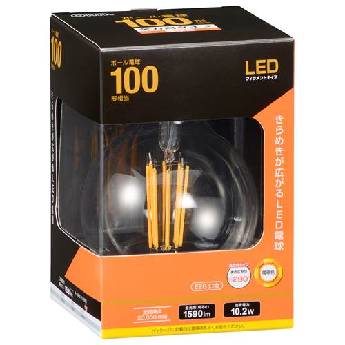 OHM オーム電機　LEDフィラメントタイプ電球 ボール球形（100形相当/1590lm/電球色/E26/全方向配光290°） LDG10L C6