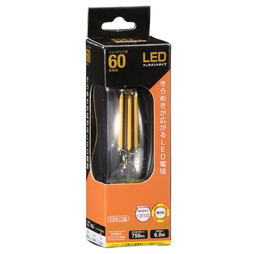 特　徴●シャンデリア球60形相当●フィラメントタイプLED　きらめきが広がるLED電球●全方向タイプ　光の広がり　約310°仕　様■寸法：全長…95mm　外径…35mm■質量：27g■定格消費電力：6.0W■定格入力電流：0.09A■全光束：750ルーメン■エネルギー消費効率：125.0ルーメン/W■平均演色評価数：80Ra■色温度：3000k■定格寿命：20000h■口金：E26■電球色次のような器具には使用できません。・調光機能のついた器具（100%でも使用不可）・誘導灯、非常用照明器具・HIDランプ器具、水銀灯器具・断熱材施工器具（SB,SGI,SG形表示器具など）・ランプと反射板の距離が狭い器具・直流電源※このほか使用器具の種類によって寸法的、熱的、その他の状況（リモコン機器のついた器具など）により　使用できない場合があります。※ご使用になられる照明器具の構造によっては、放熱不良で短寿命となることがあります。※密閉器具でのご使用の場合、器具の寸法の大きさにより、使用できない場合や寿命が短くなる場合があります。※人感スイッチなど自動点滅装置や遅れ停止スイッチなどに使用できない場合があります。※交流100V、周波数50/60Hz以外の電源では使用しないでください。※ランプ周囲温度が40℃を超える場所では使用しないでください。※ラジオやテレビなどの音響および映像機器の近くで点灯すると、雑音が入ることがあります。　（雑音が入るときは、ランプから1m以上離してご使用ください。）※赤外線リモコンを採用した機器（テレビやエアコンなど）の近くで点灯すると、機器が誤作動することがあります。