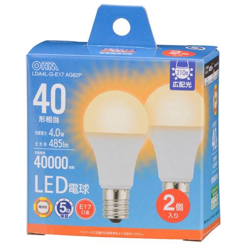 特　徴●小形電球40形相当の明るさ●光の広がり約210°の広配光タイプ●密閉器具対応●断熱材施工器具対応●省エネ法2027年度目標基準達成●電球色●口金 E17●LED5年保証対象商品●2個入り仕　様■寸法：全長…77mm、外径…38mm■質量：25g■定格消費電力：4.0W■定格入力電流：0.070A■全光束：485 lm■エネルギー消費効率：121.2 lm/W■平均演色評価数：Ra84■定格寿命：40000h※屋内用（屋外使用禁止）※交流 100V 50/60Hz 共用【ご注意】※次のような器具には使用できません。調光機能のついた器具（100%点灯でも使用不可）誘導灯、非常用照明器具HIDランプ器具、水銀灯器具直流電源※このほか使用器具の種類によって寸法的、熱的、その他の状況（リモコン機器のついた器具など）により使用できない場合があります。※ご使用になられる照明器具の構造によっては、放熱不良で短寿命となることがあります。※密閉器具でのご使用の場合、器具の寸法により、使用できない場合や寿命が短くなる場合があります。※人感スイッチなど自動点滅装置や遅れ停止スイッチなどには使用できない場合があります。※交流100V、周波数50/60Hz以外の電源では使用しないでください。※ランプ周囲温度が40℃を超える場所では使用しないでください。
