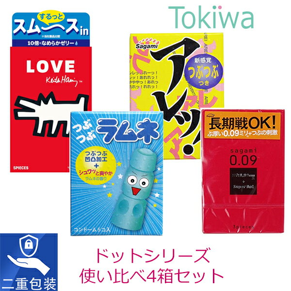 【マラソン限定P2倍】 コンドーム こんどーむ ドットシリーズ アレッ500 キースへリングスムース つぶつぶラムネ500 サガミ009ドット ミニサイズ4箱セット メール便 送料無料 避妊具