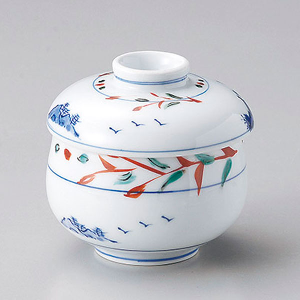 赤絵京山水むし碗 約8.5cm 白系 和食器 むし碗 強化 日本製 美濃焼 業務用 赤絵 茶碗蒸し 蒸し料理 蒸..