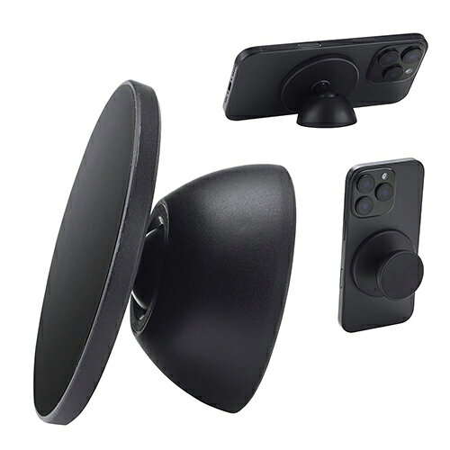 エレコム(ELECOM) P-DSMMWBK ブラック MagSafe対応 スマホスタンド スマホグリップ 両面マグネット キッチン・冷蔵庫・壁 メタルプレート付属