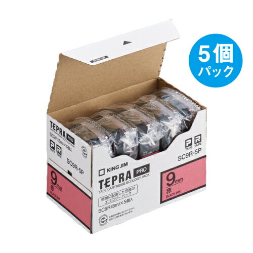 キングジム KING JIM テプラPRO 5個入 カラーラベル パステル 赤 黒文字 9mm SC9R-5P SC9R5P