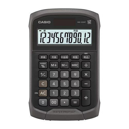 ↑↑↑正確な在庫状況は上記バナー「在庫状況を確認する」をクリックして頂き、必ずご確認ください。&nbsp;&nbsp;■IP54準拠の防沫・防塵性能に加え、商売に便利な原価・売価・利益率の計算機能を搭載。　水回りで計算する場所や、埃や粉塵が多い場所でも安心して使えます。　卓上でも手持ちでも活躍するミニジャストタイプです。WM320MTBKN製品特長　：　　防水・防塵性能（JIS IP54相当）　外して洗えるキーパッド　税計算（税額計算や税率の変更可能）　傾斜表示製品タイプ　：　ミニジャストタイプ（携帯性と操作性を両立）桁数　：　12桁液晶ディスプレイ　：　計算状態表示、3桁位取り表示キーの特徴　：　プラスチックキー、凹凸キーキーの機能　：　　早打ち機能（2キーロールオーバー）　ツーゼロ（00）　サインチェンジ（符号切替）メモリー　：　　メモリー数 1　独立メモリー（M＋、M−、MRCキー方式）電源　：　　T・W・P（ソーラー・電池の2電源）　電池　CR2032 × 1　電池寿命　約7年（1日1時間使用時）　オートパワーオフサイズ（奥行 × 幅 × 高さ）　：　168.5 × 108.5 × 33.4 mm質量　：　175 g水回りやほこりの多い場所でも使える防水・防塵性能
