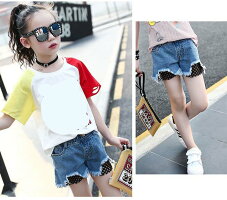 韓国子供服女の子夏物新作学生デニムパンツ女の子ジーンズデニムキッズ用ダメージデザインカットソーこども服韓国子供服ダメージジーンズデニムパンツ子供服ロングパンツ女の子ボトムス演出レジャー散歩発表会入学式卒業式旅行