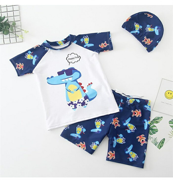 水着 キッズ ボーイズ 男の子 ワニ サメ 半袖 ラッシュガード キャップ 3点セット スイムウェア 2