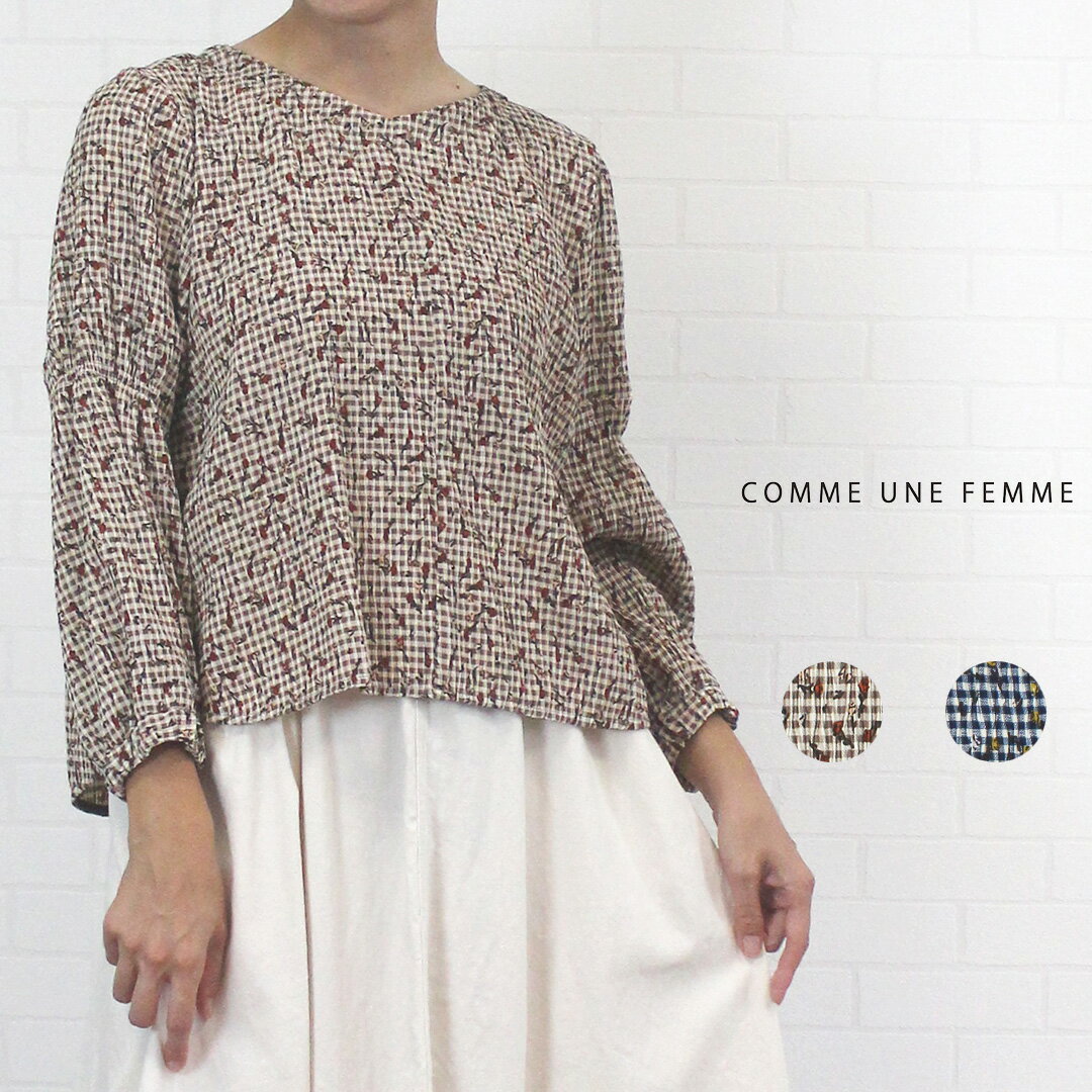＼すぐ使えるLINE5%OFFクーポン有／ コムアンファム comme une femme 555709 トップス ブラウス プルオーバー ノーカラー 長袖 ポリエステル プリーツ素材 チェック 小花柄 可愛い シンプル レディース 女性 秋 冬 春 洗濯可 38 9号 40代 50代 60代