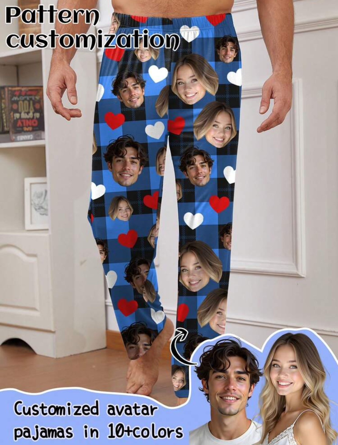 Rakuten - 【顔2つまで対応可能】顔写真 パジャマ オーダーメイド カスタムパンツ 推しグッズ ペットOK ブルー レッド S M L XL 2XL 3XL 4XL 大きいサイズ 画像入れパンツ ギフト ラッピング対応 レディース メンズ ペアルック おもしろ プレゼント