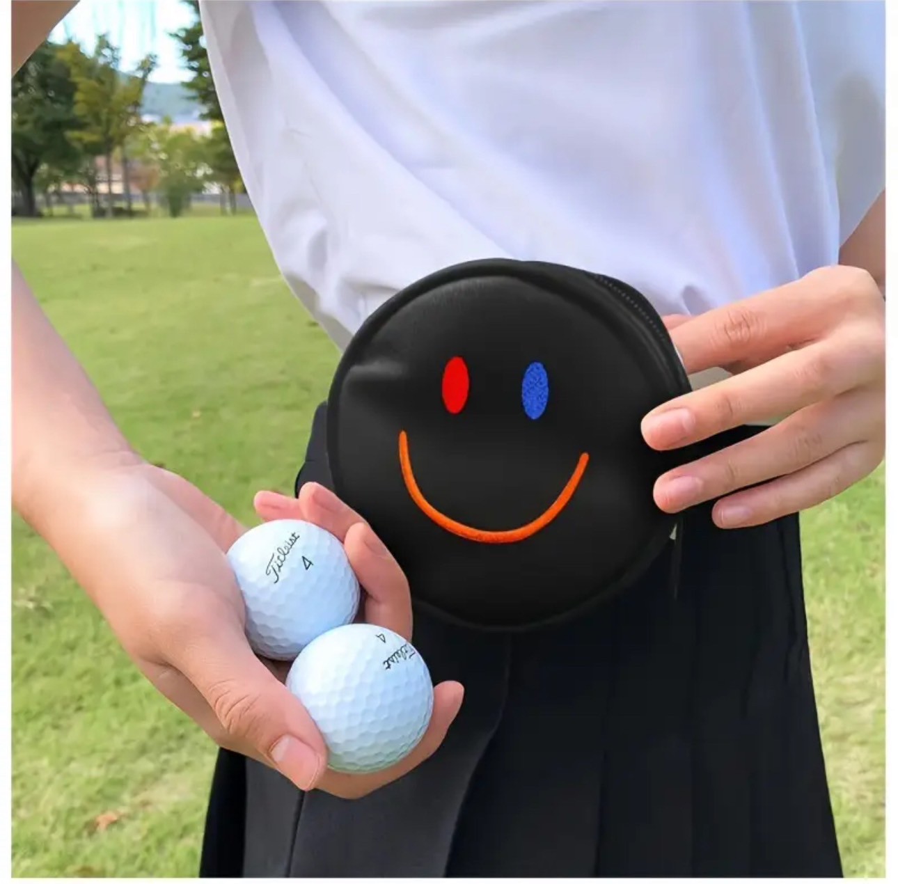 4個入れ用 フォークやマーカーも収納可能容量 ゴルフボールケース スマイルポーチ ベルト装着可能 男女兼用 おしゃれ かわいい 収納 小物入れ プレゼントにも