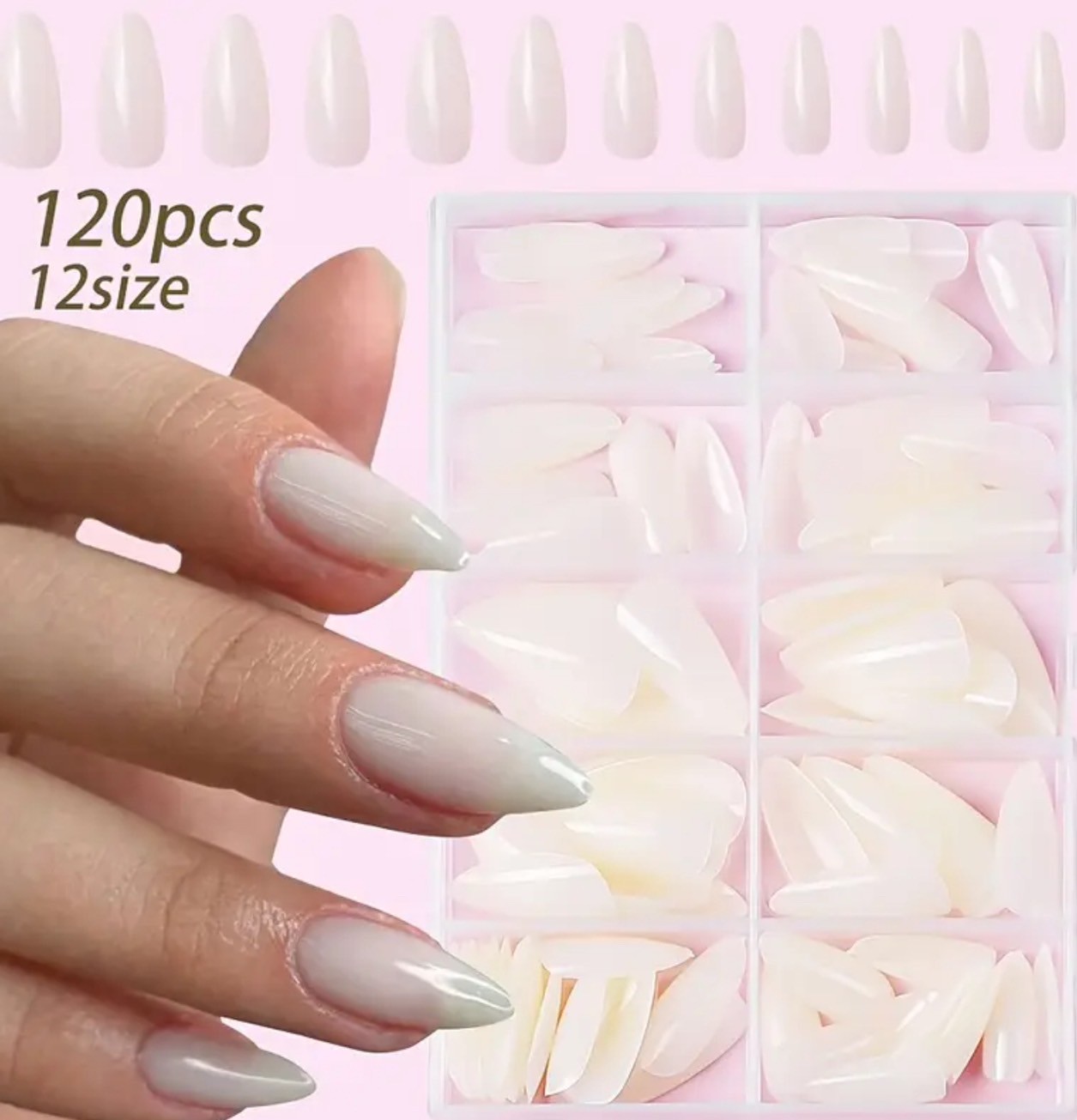 120枚入り ネイルチップ ロングアーモンド ミルクホワイト フルカバー プレースオンネイル 12サイズ入り サロン風ネイルチップ