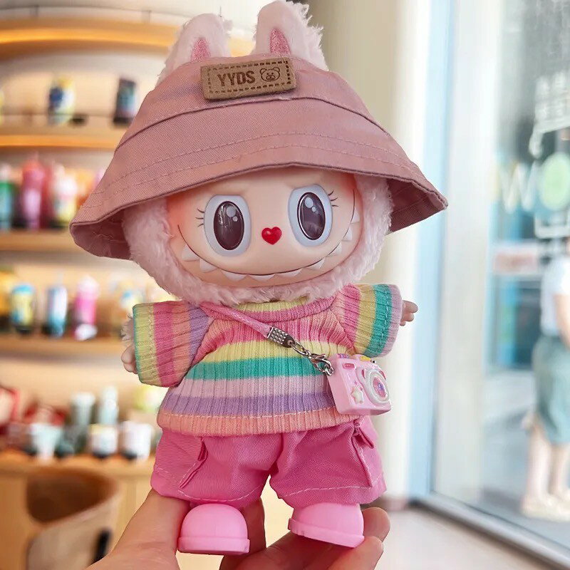 【24時間以内に発送】ラブブ服　6点セット LABUBU ぬいぐるみ着 17cm ぬい服　ラブブ　着せ替え服　イヤホン Tシャツ パンツ ズボン バッグ ショルダーバッグ 帽子 靴 シューズ 眼鏡メガネ ぬいぐるみ用衣装 1代目 2代目 3代目 ハロウィン