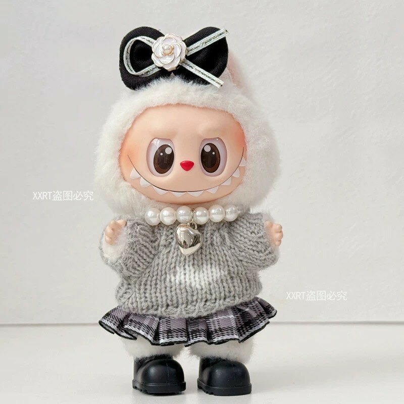 ラブブ服 LABUBU ぬいぐるみ着　ぬい服　ラブブ　着せ替え服　リボン　ニットトップス　スカート　ネックレス　シューズ　5点セット 　17cm 着せ替え服　ぬいぐるみ用衣装 1代目 2代目 3代目 ハロウィン