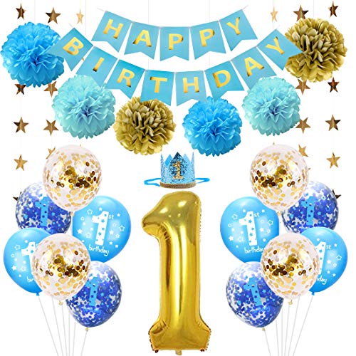 1歳 誕生日飾り　ブルーゴールド　数字1　HAPPY BIRTHDAYバナー　クラウンハット　ガーランド　1歳誕生日バルーン　男の子女の子