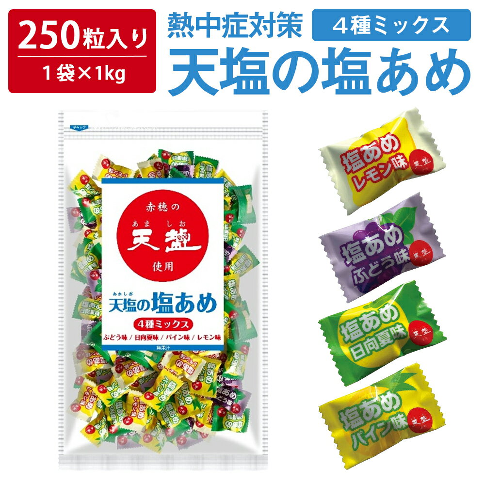 【 熱中症対策 】 ＼たっぷり250粒入／ 天塩の塩あめ 1kg ( 1kg×1袋 ) 塩分補給 4種ミックス レモン ぶどう パイン 日向夏 大容量 業務用 熱中対策 部活動 スポーツ キャンディ レジャー 仕事 夏バテ防止 ミネラル補給 小学生 中学生 子ども 子供 高齢者 夏 熱中症