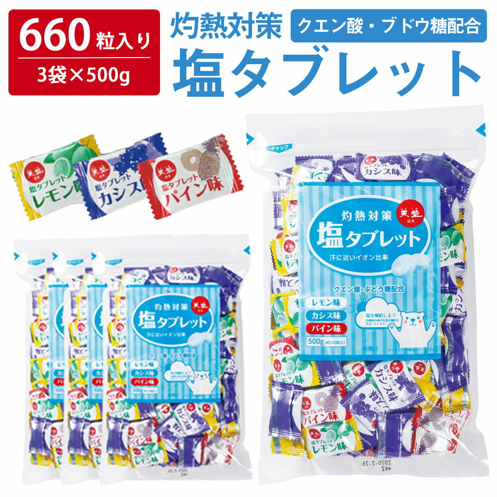 【 熱中症対策 】 ＼たっぷり660粒入／ 塩タブレット 500g ( 500g×3袋 ) 塩分補給 3種のフレーバー レモン カシス パイン 大容量 業務用 熱中対策 部活動 スポーツ ラムネ レジャー 仕事 子ども 高齢者 夏 塩飴 ミックス