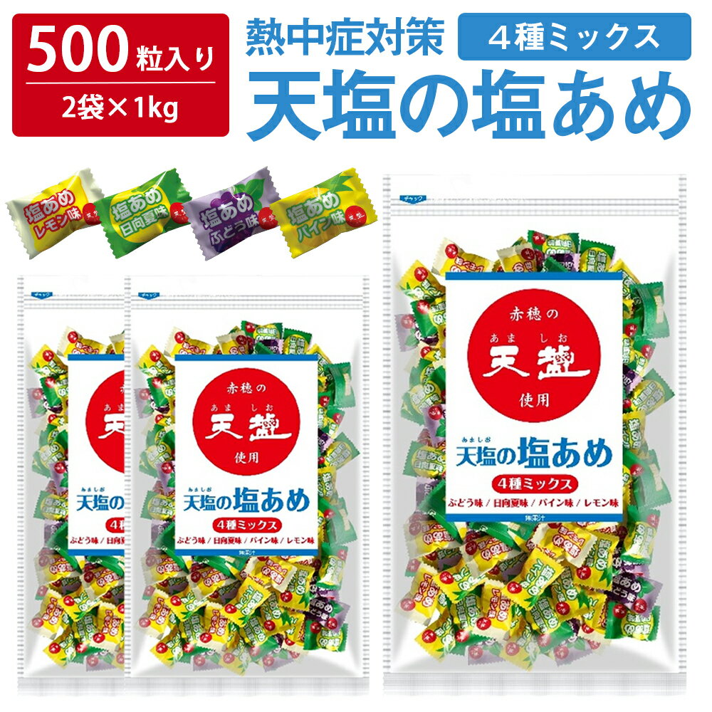 【 熱中症対策 】 ＼たっぷり500粒入／ 天塩の塩あめ 1kg ( 1kg×2袋 ) 塩分補給 4種ミックス レモン ぶどう パイン 日向夏 大容量 業務用 熱中対策 部活動 スポーツ キャンディ レジャー 仕事 夏バテ防止 ミネラル補給 小学生 中学生 子ども 子供 高齢者 夏 熱中症