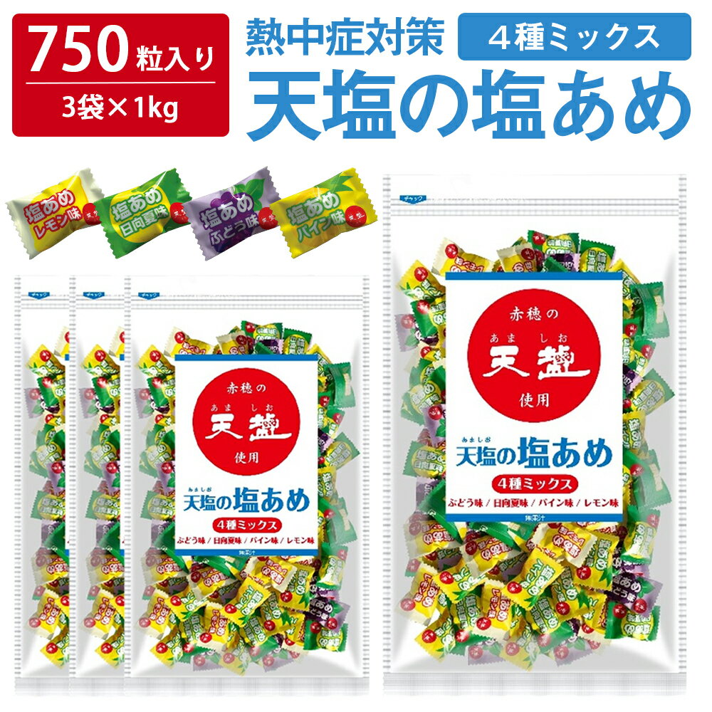 【 熱中症対策 】 ＼たっぷり750粒入／ 天塩の塩あめ 1kg ( 1kg×3袋 ) 塩分補給 4種ミックス レモン ぶどう パイン 日向夏 大容量 業務用 熱中対策 部活動 スポーツ キャンディ レジャー 仕事 夏バテ防止 ミネラル補給 小学生 中学生 子ども 子供 高齢者 夏 熱中症