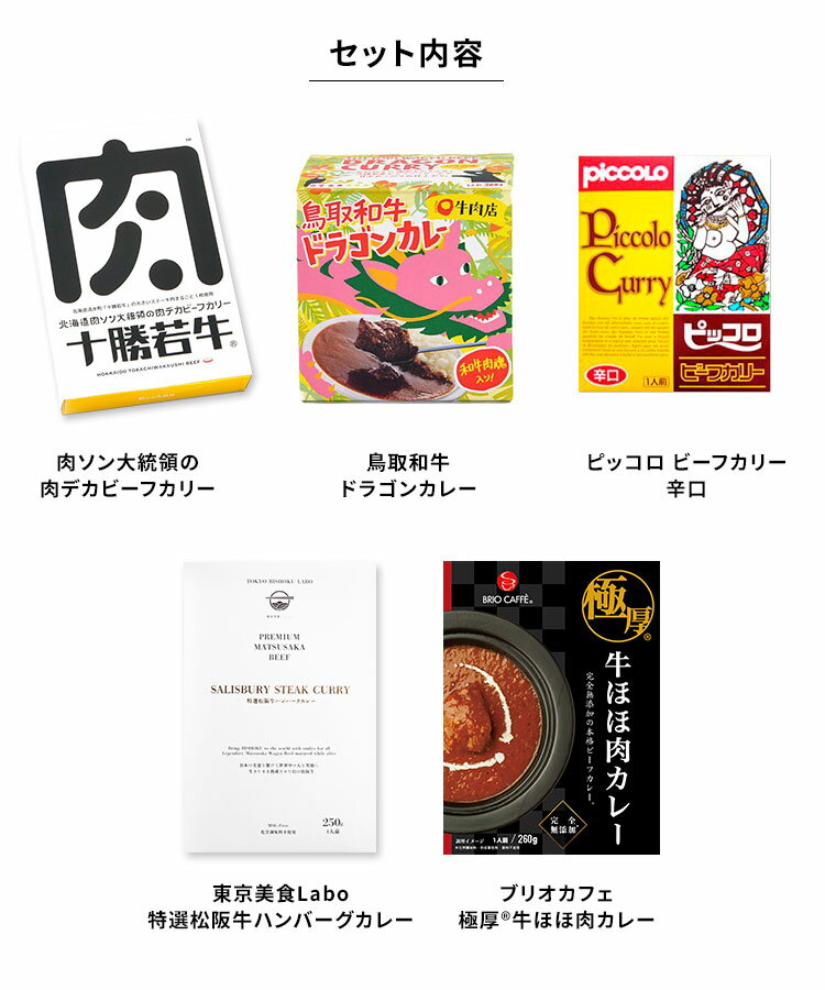 5種セット 第2弾 人気のお肉ゴロゴロ系カレー 肉ソン大統領＋鳥取和牛＋特選松阪牛ハンバーグ＋ピッコロカリー＋極厚牛ほほ肉 レトルトカレー 【送料無料】【食品A】【DM】【海外×】 2