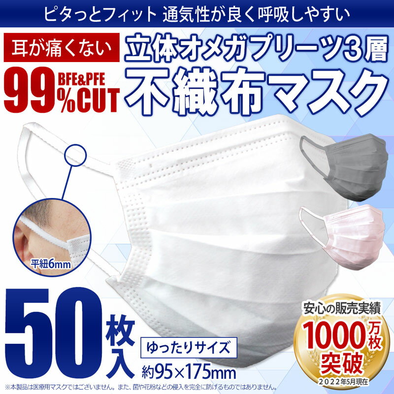 不織布マスク 50枚 耳が痛くならない 平紐6mm オメガタイプ プリーツ3層構造 フィルター マスク 男女兼用 大人用 使い捨て ホワイト 白 マスク