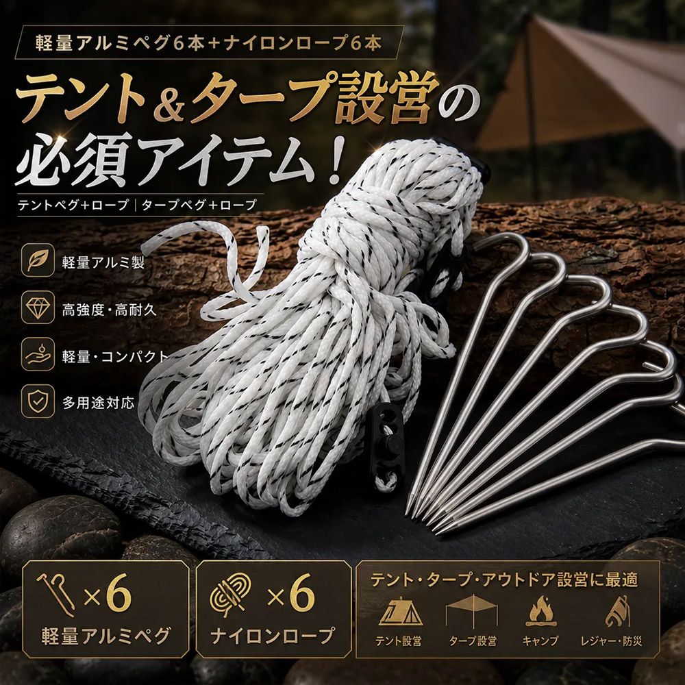適用範囲：テント、天幕、キャンプなどのアウトドアレジャー以外でも何かと使えるロープです。テント、防水シート、ハンモックキャンプなどの設置に適しています。キャンプ、テンマクや物干し、ハイキング、など色々な野外活動に利用できます 商品仕様： ●状態：新品 未使用●ローブは白生地に黒糸混じり、φ3mmx4mx6本、非常に目立つです。セット内容：写真を参照ください。 商品特徴： ●テント設営用 アルミペグ6本とテントローブ、タープロープ6本(1本4m）、収納バック付きの出品です。●アルミペグ：直経は約6mmです、長さは約18cmです。強度と耐久性に優れています、折れたり曲がったりしません。●テントロープは高品質のナイロン素材、直経は約3mmです、1本ごと長さ4Mです、強度や耐摩耗性と耐久性が兼ねております。セット内容：直径約3mm・長さ4Mのロープ ×6本、アルミニウム製ペグx6本、ポリエステル収納バッグ ×1つ。●テント設営用 アルミペグ6本とテントローブ、タープロープ6本(1本4m）、収納バック付きの出品です。●アルミペグ：直経は約6mmです、長さは約18cmです。強度と耐久性に優れています、折れたり曲がったりしません。●テントロープは高品質のナイロン素材、直経は約3mmです、1本ごと長さ4Mです、強度や耐摩耗性と耐久性が兼ねております。●セット内容直径約3mm・長さ4Mのロープ ×6本、アルミニウム製ペグx6本、ポリエステル収納バッグ ×1つ。 商品仕様 ●状態：新品 未使用●ローブは白生地に黒糸混じり、φ3mmx4mx6本、非常に目立つです。●セット内容写真を参照ください。 適用範囲テント、天幕、キャンプなどのアウトドアレジャー以外でも何かと使えるロープです。テント、防水シート、ハンモックキャンプなどの設置に適しています。キャンプ、テンマクや物干し、ハイキング、など色々な野外活動に利用できます 注意事項 ●画像では実際の色合いと異なる場合もございますので予めご了承下さい。 ●新品ですが、輸入品なので、製造過程、輸送時、保管時等についたと思われる若干の小傷等が御座います。 ●以上の事とご理解いただいた上でのご入札をお願い致します。●商品の色に関して、出品写真画像には撮影環境や表示モニターの設定関係で届く商品色と若干異なる場合は御座います、予めご了承ください。 ●荷物のサイズは20です。 この商品はレターパック510全国送料無料(代引不可・日時指定不可） 他の配送方法をご希望場合、送料は別途お見積り。（※代引の場合、プラス代引き手数料）。
