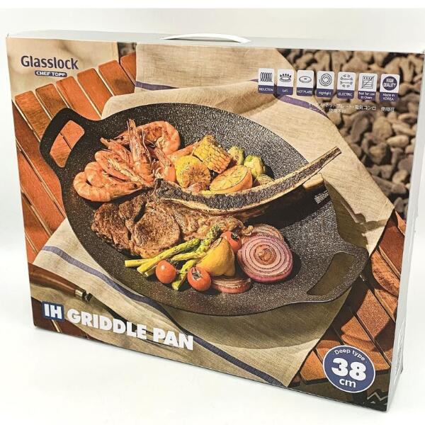 Glasslock グリドルパン 38cm 深型 IH ガス 電気コンロ 対応 ホットプレート キャンプ 焼き物 汁物 鍋 ..