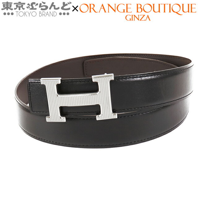 【中古】エルメス HERMES コンスタンス Hストリエ Hベルト □J刻印 ブラックxダークブラウン シルバー金具 ボックスカーフ リバーシブル 80 ベルト メンズ  101721740