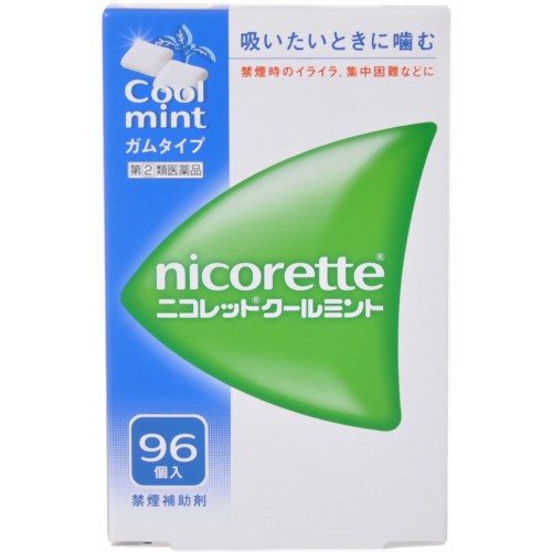 ※このお薬は指定第2類医薬品です。必ず使用上の注意をご確認、ご理解いただいた上でご購入ください。 使用上、ご不明な点がある場合は医師、薬剤師又は登録販売者に相談ください。 【ニコレット クールミントの商品詳細】 ●ニコレットクールミントはタバコをやめたいと望む人のための医薬品で、禁煙時のイライラ・集中困難などの症状を緩和します。(タバコをきらいにさせる作用はありません) ●使用期間は3ヵ月をめどとし、使用量を徐々に減らすことで、あなたを無理のない禁煙へ導きます。 ●タバコを吸わない人や現在吸っていない人は、身体に好ましくない作用を及ぼしますので使用しないでください。 ●吸いたい時にかむことで、吸いたい気持ちを抑えられます。 ●ガムをかむことで、禁煙時の口の寂しさを紛らわします。 ●シュガーレスコーティングで、かみやすいニコチンガム製剤です。 ●キシリトール配合で、甘みのあるミント味 【効能 効果】 ・禁煙時のイライラ・集中困難・落ち着かないなどの症状の緩和 【用法 用量】 ・タバコを吸いたいと思ったとき、1回1コをゆっくりと間をおきながら、30〜60分間かけてかむ。 ※用法・用量の詳細は製品の添付文書を参照してください。 【成分】 (1コ中) ニコチン・・・2mg 添加物：イオン交換樹脂、キシリトール、アセスルファムカリウム、炭酸水素ナトリウム、炭酸ナトリウム、酸化マグネシウム、タルク、ハッカ油、L-メントール、アラビアゴム末、酸化チタン、カルナウバロウ、炭酸カルシウム、ジブチルヒドロキシトルエン、その他9成分 【注意事項】 ★使用上の注意 ＜してはいけないこと＞ ・次の人は使用しないこと (1)非喫煙者(タバコを吸ったことのない人及び現在タバコを吸っていない人)(吐き気、めまい、腹痛などの症状があらわれることがある。) (2)すでに他のニコチン製剤を使用している人 (3)妊婦又は妊娠していると思われる人 (4)重い心臓病を有する人(3ヵ月以内に心筋梗塞の発作を起こした人／重い狭心症と医師に診断された人／重い不整脈と医師に診断された人) (5)急性期脳血管障害(脳梗塞、脳出血等)と医師に診断された人 (6)うつ病と医師に診断された人 (7)本剤又は本剤の成分によりアレルギー症状(発疹・発赤、かゆみ、浮腫等)を起こしたことがある人 (8)あごの関節に障害がある人 ・授乳中の人は本剤を使用しないか、本剤を使用する場合は授乳を避けること(母乳中に移行し、乳児の脈が速まることが考えられる。) ・本剤を使用中あるいは使用直後に次のことをしないこと (1)喫煙 (2)ニコチンパッチ製剤の使用 ・6ヵ月を超えて使用しないこと ＜相談すること＞ ・次の人は使用前に医師、歯科医師、薬剤師又は登録販売者に相談すること (1)医師又は歯科医師の治療を受けている人 (2)他の薬を使用している人 (3)高齢者及び20歳未満の人 (4)薬などによりアレルギー症状を起こしたことがある人 (5)腹痛、胸痛、口内炎、のどの痛み・のどのはれの症状のある人 (6)次の診断を受けた人 心臓疾患(心筋梗塞、狭心症、不整脈)、脳血管障害(脳梗塞、脳出血等)、バージャー病(末梢血管障害)、高血圧、甲状腺機能障害、褐色細胞腫、糖尿病(インスリン製剤を使用している人)、咽頭炎、食道炎、胃・十二指腸潰瘍、肝臓病、腎臓病 ・使用後、次の症状があらわれた場合は副作用の可能性があるので、直ちに使用を中止し、製品の文書を持って医師、薬剤師又は登録販売者に相談すること 口・のど：口内炎、のどの痛み 消化器：吐き気・嘔吐、腹部不快感、胸やけ、食欲不振、下痢 皮膚：発疹・発赤、かゆみ 精神神経系：頭痛、めまい、思考減退、眠気 循環器：動悸 その他：胸部不快感、胸部刺激感、顔面潮紅、顔面浮腫、気分不良 ・使用後、次のような症状があらわれることがあるので、このような症状の持続又は増強が見られた場合には、使用を中止し、製品の文書を持って医師、歯科医師、薬剤師又は登録販売者に相談すること (1)口内・のどの刺激感、舌の荒れ、味の異常感、唾液増加、歯肉炎 (2)あごの痛み(他に原因がある可能性がある。) (3)しゃっくり、げっぷ ・誤って定められた用量を超えて使用したり、小児が誤飲した場合には、次のような症状があらわれることがあるので、その場合には、製品の文書を持って直ちに医師、薬剤師又は登録販売者に相談すること 吐き気、唾液増加、腹痛、下痢、発汗、頭痛、めまい、聴覚障害、全身脱力(急性ニコチン中毒の可能性がある。) ・3ヵ月を超えて継続する場合は、製品の文書を持って医師、薬剤師又は登録販売者に相談すること(長期・多量使用によりニコチン依存が本剤に引き継がれることがある。) ●メーカー 武田薬品工業 ●区分 日本製・指定第2類医薬品 ●分類 　禁煙補助薬br> ●広告文責 株式会社ルージュ 03-3980-1585 ※画像はイメージ画像となっております。 テスター品 試用見本品 半額以下な掘り出しもの満載 噂の『特価品』はココをクリック外箱不良 箱つぶれ 箱なし 難あり 在庫処分 キズ有 アウトレットなどですが激レアな商品が見つかるかも…商品の発売日・カラー種類・タイプなどの商品の詳細情報につきましては各商品の発売元・製造メーカーに直接お問い合わせください。それらのお問い合わせおよび特価品に関するご質問は一切お答えしません。ご了承ください。ご注文その他の事を問い合わせ希望の方はご質問前にこちらのページをよくお読みください。よくある質問集