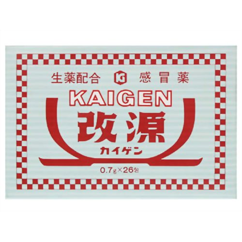 メール便をご利用の方は必ず以下ページをご確認ください。 ※数量限定お一人様1個まで。 ※このお薬は指定第2類医薬品です。必ず使用上の注意をご確認、ご理解いただいた上でご購入ください。 使用上、ご不明な点がある場合は医師、薬剤師又は登録販売者に相談ください。 商品紹介 ■かぜのひきはじめののどの痛みや、頭痛などの症状に効くかぜ薬です。 ■かぜの諸症状に効く洋薬成分に加えて、3種類の生薬成分(カンゾウ末、ケイヒ末 、ショウキョウ末)が自己治癒力を高め、体の回復を助けます。 ■眠くなったり、口が渇いたり、尿が出にくくなる成分(抗ヒスタミン剤)や便秘を 起こしやすい成分(ジヒドロコデインリン酸塩)が入っていない非ピリン系のかぜ薬 です。 ■お子様から大人まで家族みなさんで服用いただけます。 ■改源は粉末のお薬で、服用しやすいように味や香りを工夫しています。 ●使用上の注意 ■■してはいけないこと■■ (守らないと現在の症状が悪化したり、副作用・事故が起こりやすくなります) 1.次の人は服用しないでください (1)本剤又は本剤の成分によりアレルギー症状を起こしたことがある人。 (2)本剤又は他のかぜ薬、解熱鎮痛薬を服用してぜんそくを起こしたことがある人。 2.本剤を服用している間は、次のいずれの医薬品も使用しないでください 他のかぜ薬、解熱鎮痛薬、鎮静薬、鎮咳去痰薬 3.服用前後は飲酒しないでください 4.長期連用しないでください ■■相談すること■■ 1.次の人は服用前に医師、薬剤師又は登録販売者に相談してください (1)医師又は歯科医師の治療を受けている人。 (2)妊婦又は妊娠していると思われる人。 (3)授乳中の人。 (4)高齢者。 (5)薬などによりアレルギー症状を起こしたことがある人。 (6)次の症状のある人。 高熱 (7)次の診断を受けた人。 甲状腺機能障害、糖尿病、心臓病、高血圧、肝臓病、腎臓病、 胃・十二指腸潰瘍 2.服用後、次の症状があらわれた場合は副作用の可能性があるので、直ちに服用を 中止し、この説明文書を持って医師、薬剤師又は登録販売者に相談してください 〔関係部位〕 〔症状〕 皮 膚 : 発疹・発赤、かゆみ 消化器 : 吐き気・嘔吐、食欲不振 精神神経系 : めまい その他 : 過度の体温低下 まれに下記の重篤な症状が起こることがあります。その場合は直ちに医師の診療を受けてください。 〔症状の名称〕ショック(アナフィラキシー) 〔症 状〕服用後すぐに、皮膚のかゆみ、じんましん、声のかすれ、くしゃみ、 のどのかゆみ、息苦しさ、動悸、意識の混濁等があらわれる。 〔症状の名称〕皮膚粘膜眼症候群(スティーブンス・ジョンソン症候群)、 中毒性表皮壊死融解症、急性汎発性発疹性膿疱症 〔症 状〕高熱、目の充血、目やに、唇のただれ、のどの痛み、皮膚の広範囲 の発疹・発赤、赤くなった皮膚上に小さなブツブツ(小膿疱)が出る、全身がだるい、食欲がない等が持続したり、急激に悪化する。 〔症状の名称〕肝機能障害 〔症 状〕発熱、かゆみ、発疹、黄疸(皮膚や白目が黄色くなる)、褐色尿、 全身のだるさ、食欲不振等があらわれる。 〔症状の名称〕腎障害 〔症 状〕発熱、発疹、尿量の減少、全身のむくみ、全身のだるさ、関節痛 (節々が痛む)、下痢等があらわれる。 〔症状の名称〕間質性肺炎 〔症 状〕階段を上ったり、少し無理をしたりすると息切れがする・息苦しく なる、空せき、発熱等がみられ、これらが急にあらわれたり、持続したりする。 〔症状の名称〕ぜんそく 〔症 状〕息をするときゼーゼー、ヒューヒューと鳴る、息苦しい等があらわれる。 3.5~6回服用しても症状がよくならない場合は服用を中止し、この説明文書を持って医師、薬剤師又は登録販売者に相談してください ●効果・効能 かぜの諸症状(のどの痛み、せき、たん、悪寒、発熱、頭痛、関節の痛み、 筋肉の痛み)の緩和 ●用法・用量 次の1回量を1日3回、食後なるべく30分以内に茶湯又は湯水で服用してください。 〔 年 齢 〕 15才以上 〔1 回 量 〕 1包 〔 年 齢 〕 11才以上~15才未満 〔1 回 量 〕 2/3包 〔 年 齢 〕 7才以上~11才未満 〔1 回 量 〕 1/2包 〔 年 齢 〕 3才以上~7才未満 〔1 回 量 〕 1/3包 〔 年 齢 〕 1才以上~3才未満 〔1 回 量 〕 1/4包 〔 年 齢 〕 1才未満 〔1 回 量 〕 服用させないでください (1)定められた用法・用量を厳守してください。 (2)小児に服用させる場合には、保護者の指導監督のもとに服用させてください。 (3)2才未満の乳幼児には、医師の診療を受けさせることを優先し、止むを得ない 場合にのみ服用させてください。 服用の際は、粉薬をこぼさないようにご注意ください。 1.包み紙を広げます。 2.四角又は三角になるように折り目をつけ、粉薬を中央に寄せます。 3.茶湯又は湯水を口に含み、服用してください。 ●成分・分量 3包(2.1g)中に次の成分を含んでいます。 〔成 分〕 アセトアミノフェン 〔含 量〕 900mg 〔作 用〕 熱を下げ、頭痛、関節の痛みなどをやわらげます。 〔成 分〕 dl‐メチルエフェドリン塩酸塩 〔含 量〕 30mg 〔作 用〕 せきをしずめ、のどを楽にします。 〔成 分〕 無水カフェイン 〔含 量〕 75mg 〔作 用〕 頭痛をやわらげます。 〔成 分〕 カンゾウ末 〔含 量〕 200mg 〔作 用〕 せきをしずめ、たんを出しやすくします。これらの生薬成分は、自己治癒力を高め、体の回復を助けます。 〔成 分〕 ケイヒ末 〔含 量〕 200mg 〔作 用〕 頭痛をやわらげ、熱を下げます。これらの生薬成分は、自己治癒力を高め、体の回復を助けます。 〔成 分〕 ショウキョウ末 〔含 量〕 100mg 〔作 用〕 せきをしずめます。これらの生薬成分は、自己治癒力を高め、体の回復を助けます ○添加物としてアマチャ末、l-メントール、d-ボルネオール、チョウジ油、 バニリン、香料、無水リン酸水素カルシウムを含有します。 ●保管及び取扱いの注意 (1)直射日光の当たらない湿気の少ない涼しい所に保管してください。 (2)小児の手の届かない所に保管してください。 (3)1包を分割し服用した残りは、包み紙をもとどおりに折り返して保管し、2日以内に服用してください。 (4)他の容器に入れ替えないでください。 (誤用の原因になったり品質が変わります。) (5)外箱に表示の使用期限を過ぎた製品は服用しないでください。 ●メーカー カイゲンファーマ ●区分 日本製・指定第2類医薬品 ●分類 　風邪薬 ●広告文責 株式会社ルージュ 03-3980-1585 ※画像はイメージ画像となっております。 テスター品 試用見本品 半額以下な掘り出しもの満載 噂の『特価品』はココをクリック外箱不良 箱つぶれ 箱なし 難あり 在庫処分 キズ有 アウトレットなどですが激レアな商品が見つかるかも…商品の発売日・カラー種類・タイプなどの商品の詳細情報につきましては各商品の発売元・製造メーカーに直接お問い合わせください。それらのお問い合わせおよび特価品に関するご質問は一切お答えしません。ご了承ください。ご注文その他の事を問い合わせ希望の方はご質問前にこちらのページをよくお読みください。よくある質問集