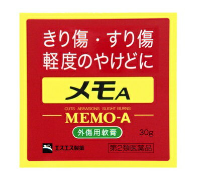 メール便をご利用の方は必ず以下ページをご確認ください。 【メモAの商品詳細】 ●メモAは、殺菌剤であるクロルヘキシジングルコン酸塩液、傷の痛みをしずめるジブカイン塩酸塩、傷の治りをたすけるアラントインなどを配合した、なめらかで伸びのよい軟膏で、きり傷、すり傷、やけどなどにすぐれた効果をあらわします。 ●ご家庭の常備薬として、またスポーツ時や旅行の際の携帯薬としてご使用ください。 【効能 効果】 ・きり傷、すり傷、さし傷、かき傷、靴ずれ ・軽度のやけど ・創傷面の殺菌・消毒 【用法 用量】 ・1日数回、適量を患部に塗布してください。 ★用法・用量に関連する注意 ・小児に使用させる場合には、保護者の指導監督のもとに使用させてください。 ・目に入らないように注意してください。万一、目に入った場合には、すぐに水又はぬるま湯で洗ってください。なお、症状が重い場合には、眼科医の診療を受けてください。 ・外用にのみ使用してください。 【成分】 (1g中) クロルヘキシジングルコン酸塩液・・・10mg ジブカイン塩酸塩・・・3mg アラントイン・・・10mg トコフェロール酢酸エステル(ビタミンE酢酸エステル)・・・1mg 酸化亜鉛・・・50mg 添加物：パラフィン、ワセリン、サラシミツロウ、トリオレイン酸ソルビタン、フェノール、チモール、香料 【注意事項】 ★使用上の注意 ＜相談すること＞ ・次の人は使用前に医師、薬剤師又は登録販売者に相談してください。 (1)医師の治療を受けている人 (2)薬などによりアレルギー症状を起こしたことがある人 (3)患部が広範囲の人 (4)深い傷やひどいやけどの人 ・使用後、次の症状があらわれた場合は副作用の可能性があるので、直ちに使用を中止し、この説明書を持って医師、薬剤師又は登録販売者に相談してください。 (関係部位：症状) 皮膚：発疹・発赤、かゆみ ・5〜6日間使用しても症状がよくならない場合は使用を中止し、この説明書を持って医師、薬剤師又は登録販売者に相談してください。 ★保管及び取り扱い上の注意 ・直射日光の当たらない涼しい所にフタをよくしめて保管してください。 ・小児の手の届かない所に保管してください。 ・他の容器に入れ替えないでください。(誤用の原因になったり品質が変わることがあります。) ・使用期限をすぎたものは使用しないでください。 ●メーカー エスエス製薬 ●区分 日本製・第2類医薬品 ●分類 　切り傷、すり傷薬 ●広告文責 株式会社ルージュ 03-3980-1585 ※製造時期によって原産国、パッケージ・容器のデザインが異なる場合がございます。 ご理解のうえご購入をお願い致します。 テスター品 試用見本品 半額以下な掘り出しもの満載 噂の『特価品』はココをクリック外箱不良 箱つぶれ 箱なし 難あり 在庫処分 キズ有 アウトレットなどですが激レアな商品が見つかるかも…商品の発売日・カラー種類・タイプなどの商品の詳細情報につきましては各商品の発売元・製造メーカーに直接お問い合わせください。それらのお問い合わせおよび特価品に関するご質問は一切お答えしません。ご了承ください。ご注文その他の事を問い合わせ希望の方はご質問前にこちらのページをよくお読みください。よくある質問集