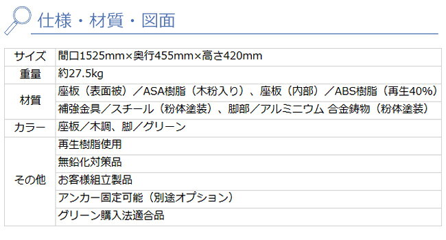 リサイクルベンチRB1-SC・1.5背無し/品番：244-0010（本体）/規格：間口1525mm×奥行455mm×高さ420mm/ミヅシマ工業社製 ※屋外ベンチ ※アンカーDセットにて固定可能（別途オプション） tokyo-gardening-10005044 東京ガーデニングスタイル サンプル画像3