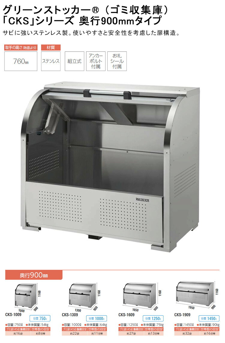 　ダイケン製【クリーンストッカー・ゴミ収集庫】 商品名：CKSシリーズ 奥行900mmタイプ 間口：1000,1300,1650,1950の4サイズ 高さ1160mm 容量750,1000,1250,1450リットルの4サイズ 株式会社ダイケンは1924年に戸車の製造を以て大阪にて創業された歴史のある会社です。 現在では、エクステリアをはじめ、内装・外装金物などの「建築金物総合メーカー」として日本の住環境を支えおられます。ダイケンのクリーンストッカーは、集合住宅から店舗、工場、公共施設まで、街の美観を保つゴミ収集庫です。