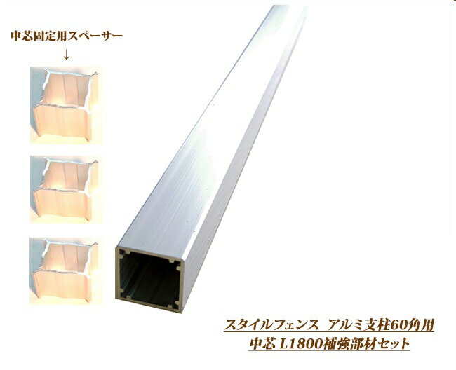 アルミ支柱60角用補強部材【商品名：中芯L1800用セット】アルミ中芯：L1800×38×38:1本、中芯固定用スペーサー60角用…