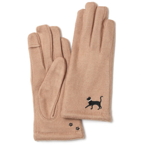 KURODA(クロダ) おさんぽねこ レディース 手袋 スマホ操作可能 キャメル ブラウン 茶 茶色 暖かい 裏起毛 防寒 猫 動物 アニマル キャラクター 刺繍 かわいい 暖かい 裏起毛 日本企画 ブランド タッチパネル スマートフォン