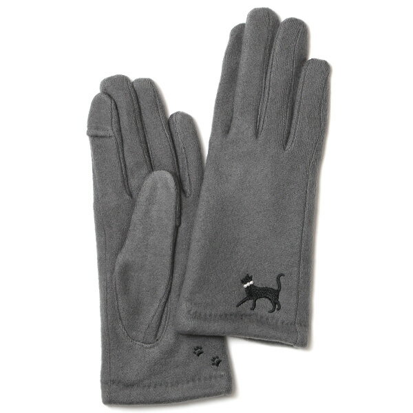 KURODA(クロダ) おさんぽねこ レディース 手袋 スマホ操作可能 グレー グレイ 灰色 暖かい 裏起毛 防寒 猫 動物 アニマル キャラクター 刺繍 かわいい 暖かい 裏起毛 日本企画 ブランド タッチパネル スマートフォン